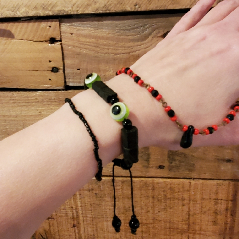 Set of 2 beaded bracelets/1 anklet in black, red and green evil eye/foot beads